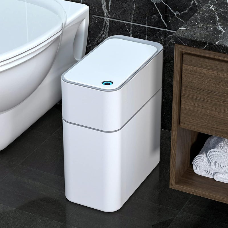 MOPALL Small Bathroom Trash Cans with Lids,Motion Sensor Bathroom Trash Can,Narrow Waterproof Plastic 3.5 Gallon Automatic Adsorption Touchless Garbage Can,White - Image 1